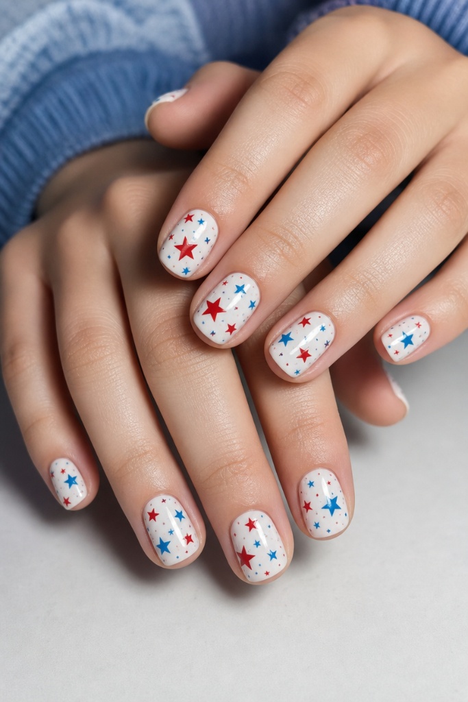 Patriotic Nails for 2026 Scattered Star Confetti on a Milky White Base