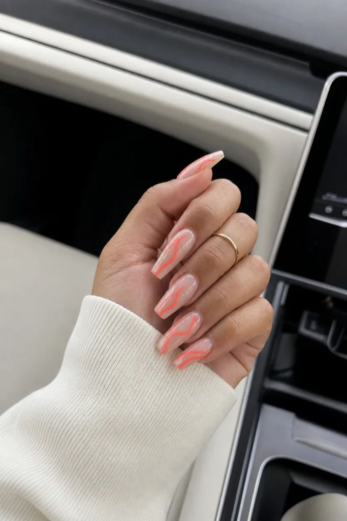 Summer June Nails 2026 Pink Swirl Abstract Nails With Long Coffin Shape