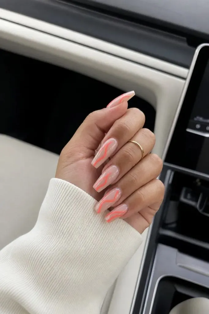 Summer June Nails 2026 Pink Swirl Abstract Nails With Long Coffin Shape