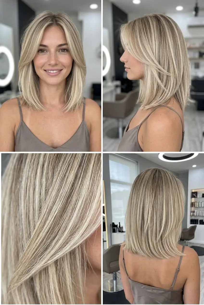 Creamy blonde contour lob medium haircut in a bright salon collage with dimensional blonde ribbons, soft face-framing shape, and Summer 2026 polish