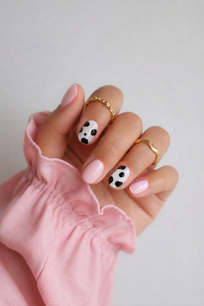 Light Summer Nails 2026 Soft Pink and Cow Print Nails With Playful Sweet Vibes