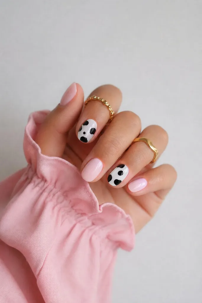 Light Summer Nails 2026 Soft Pink and Cow Print Nails With Playful Sweet Vibes