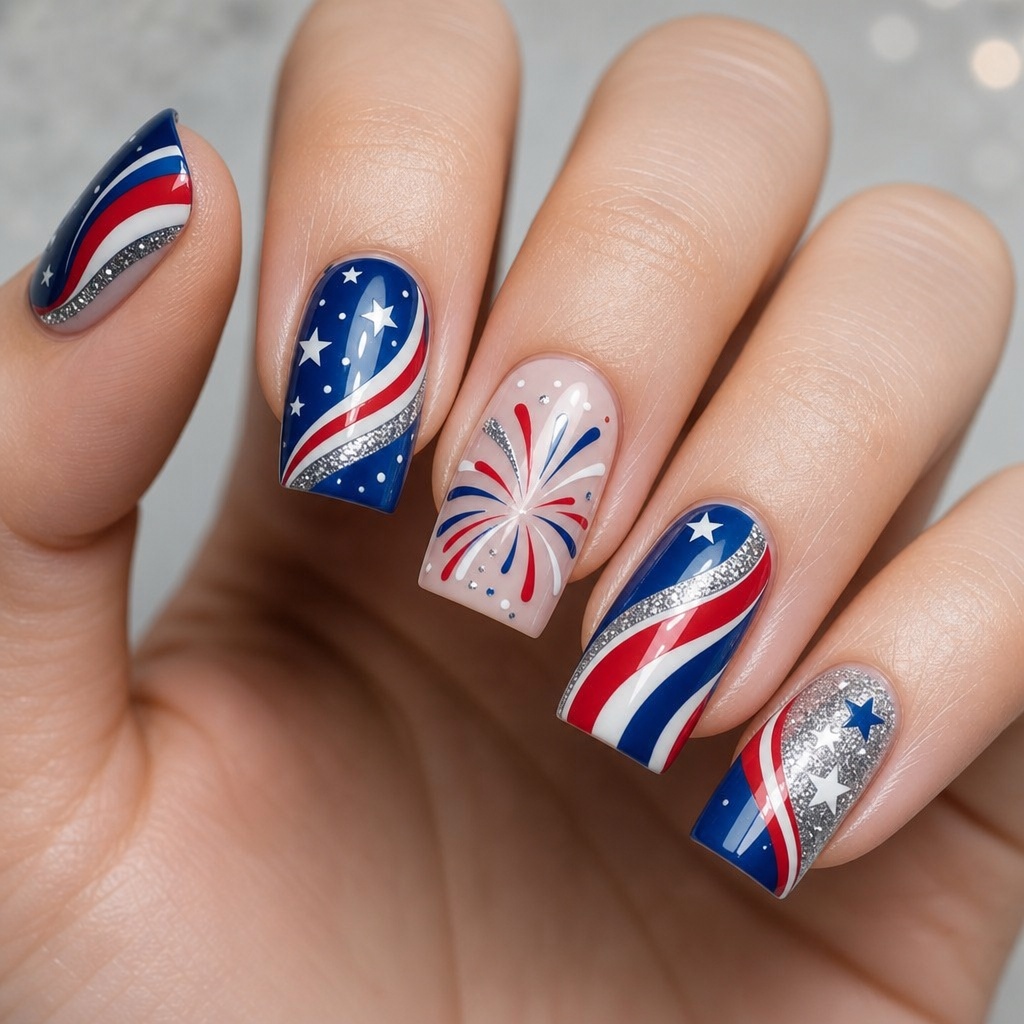 Patriotic Nails for 2026 Firework Fantasy With Swirls and Glitter