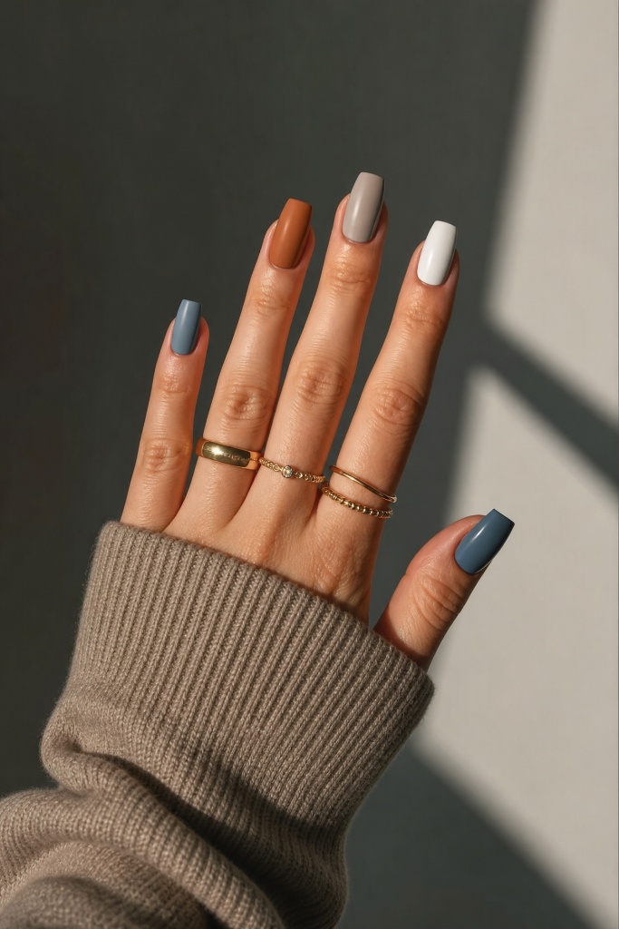 4th of July Nails for 2026 Autumn-Toned Multi-Color Square Nails With Quiet Warmth