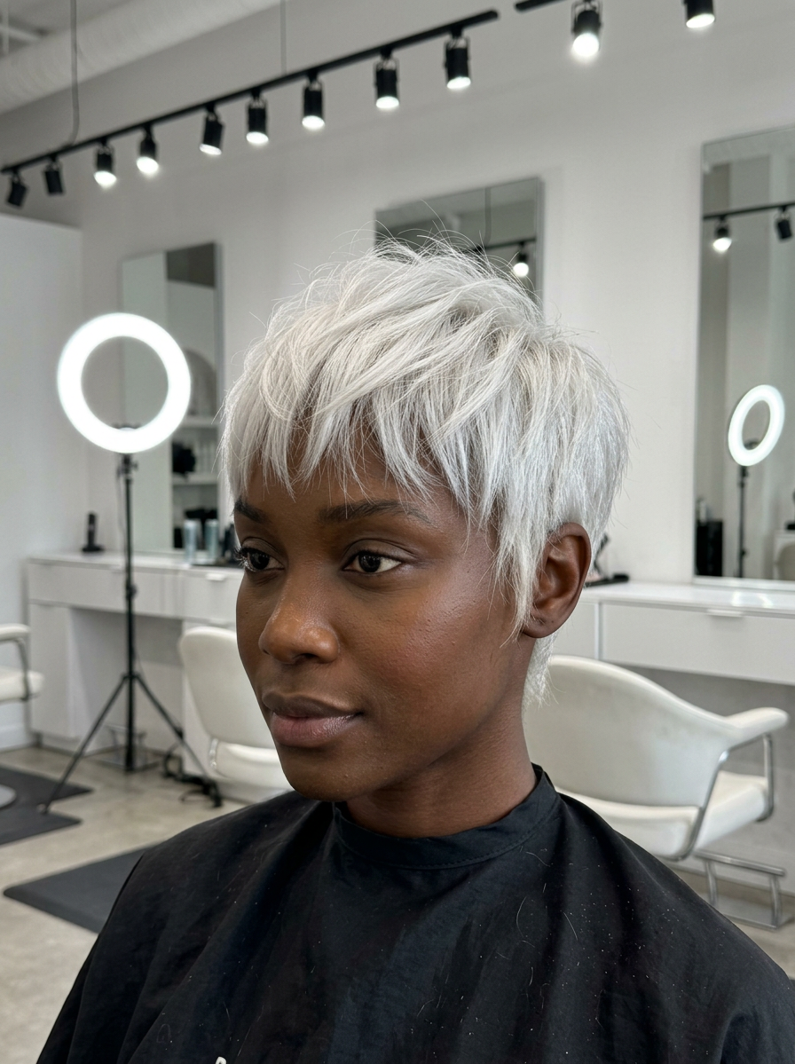 icy platinum textured pixie on deep skin, feathered fringe, piecey crown, short sides, fashion forward summer 2026 salon haircut