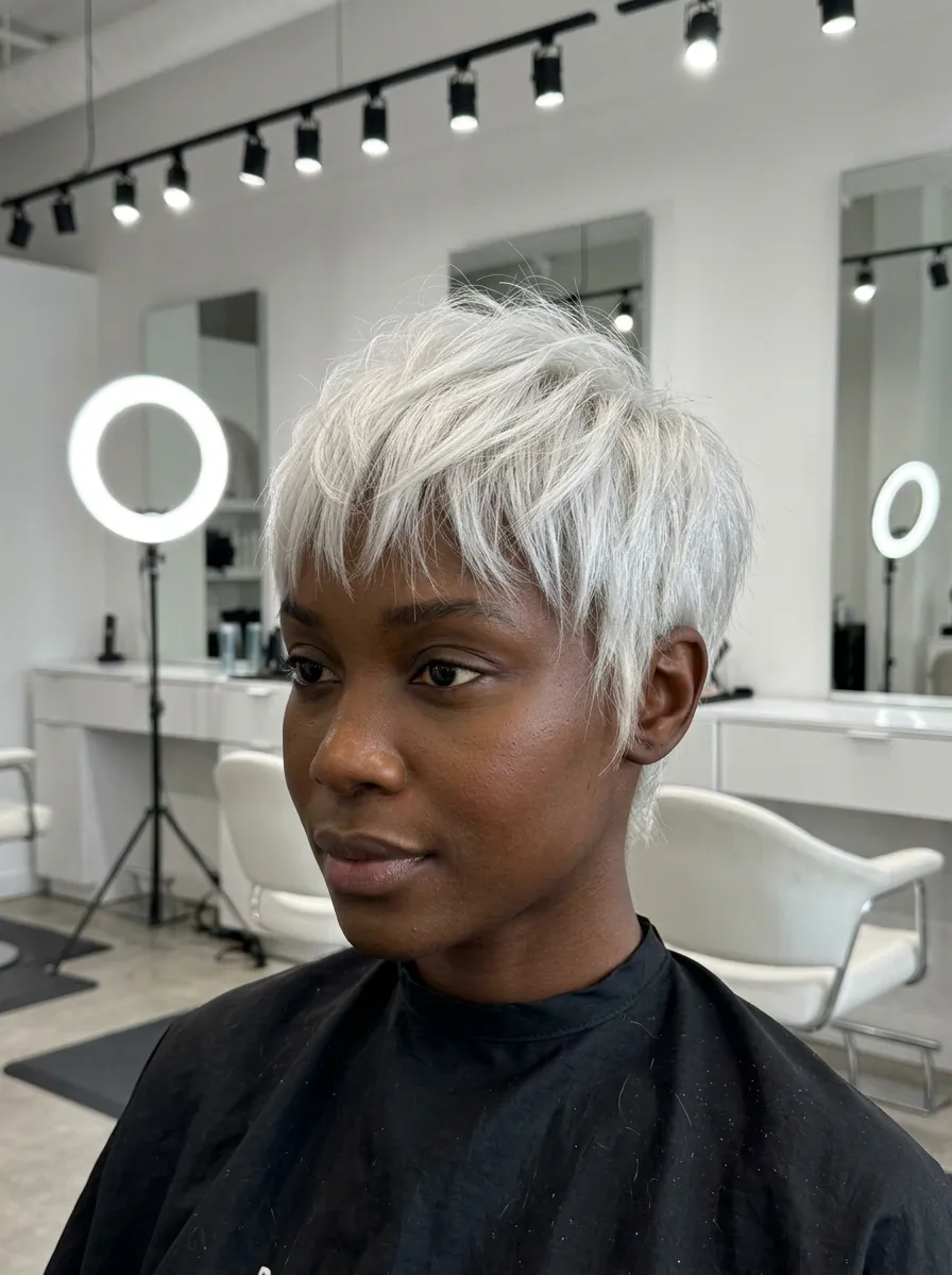 icy platinum textured pixie on deep skin, feathered fringe, piecey crown, short sides, fashion forward summer 2026 salon haircut