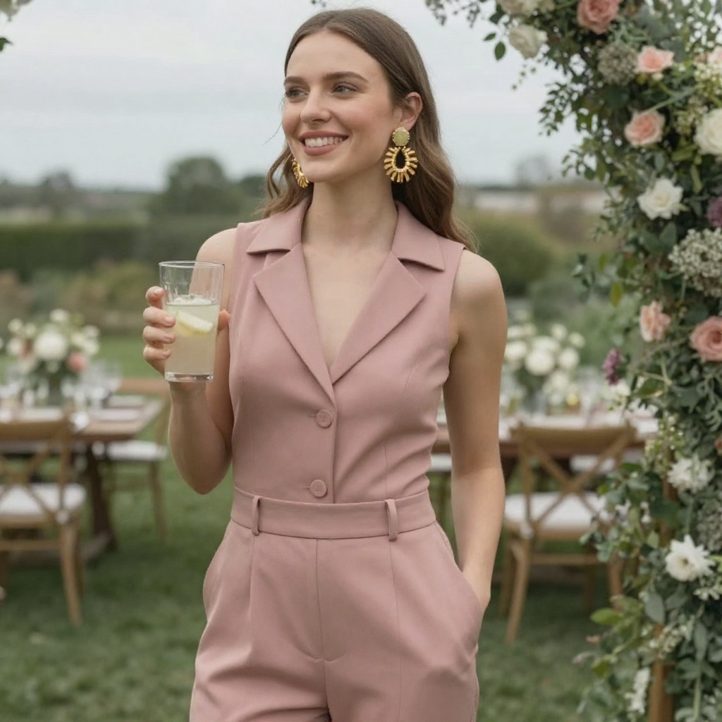Dusty Rose Tailored Jumpsuit With Statement Earrings
