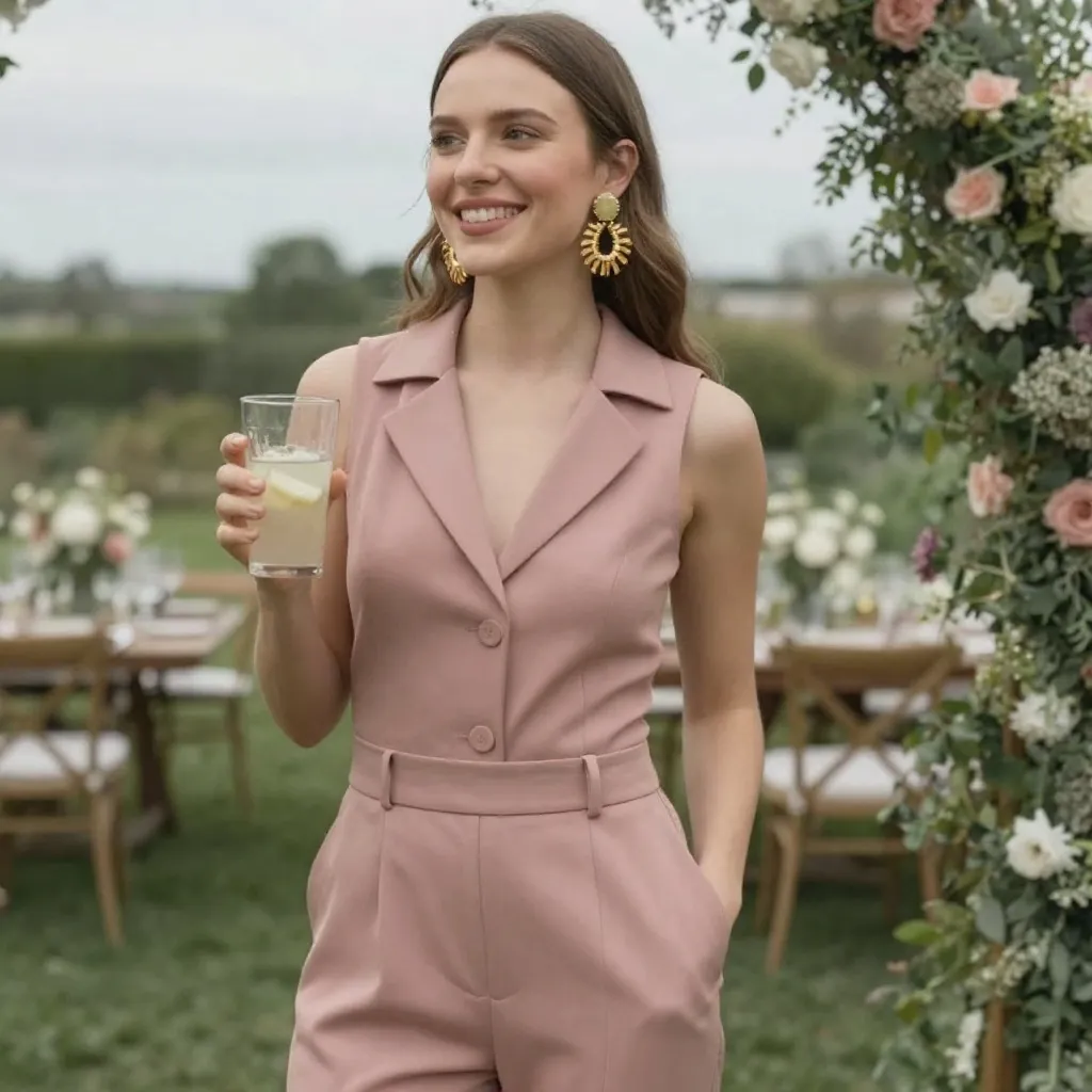 Dusty Rose Tailored Jumpsuit With Statement Earrings