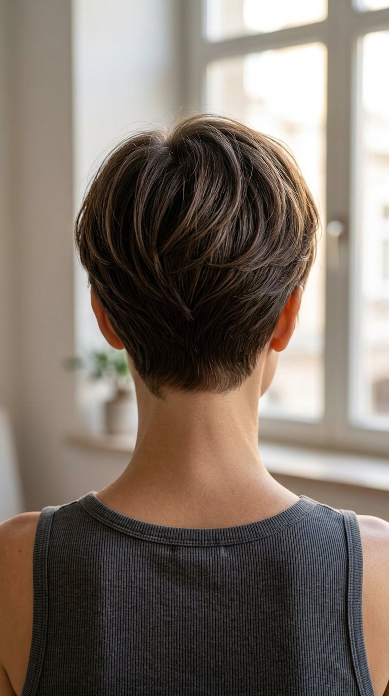 precision tapered pixie back view, soft stacked crown, neat nape, brunette dimension, clean salon haircut detail for summer 2026