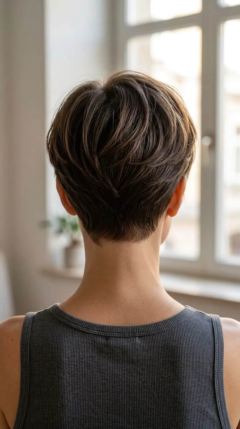 precision tapered pixie back view, soft stacked crown, neat nape, brunette dimension, clean salon haircut detail for summer 2026