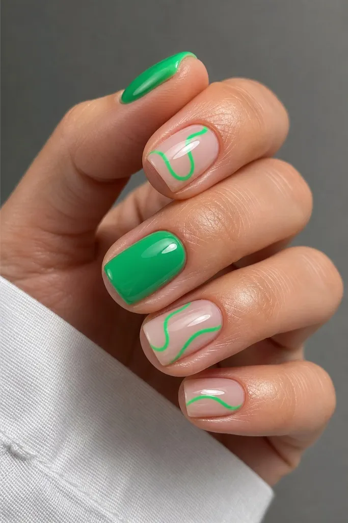 Short Nail Ideas for Summer 2026 Bright Green Abstract Nails With Statement Energy