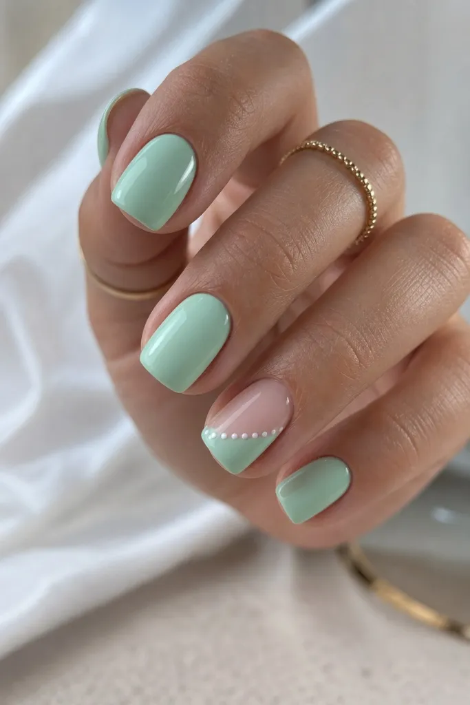 Short Nail Ideas for Summer 2026 Mint Green Nails With Pearl Detail Elegance