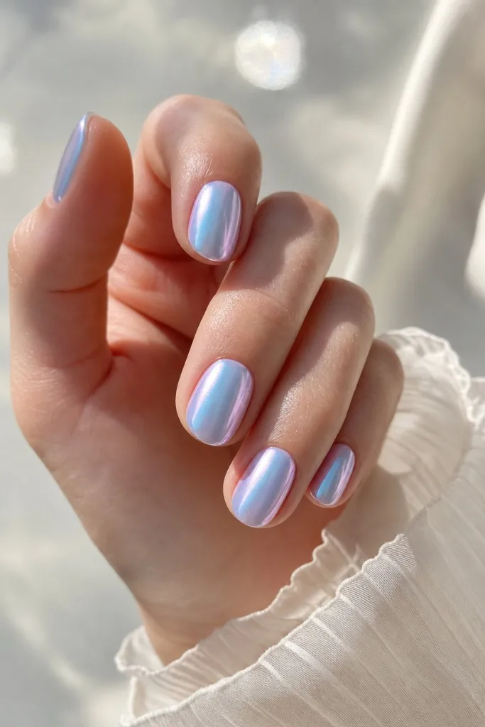 Short Nail Ideas for Summer 2026 Iridescent Lavender Chrome Nails With Dreamy Shimmer
