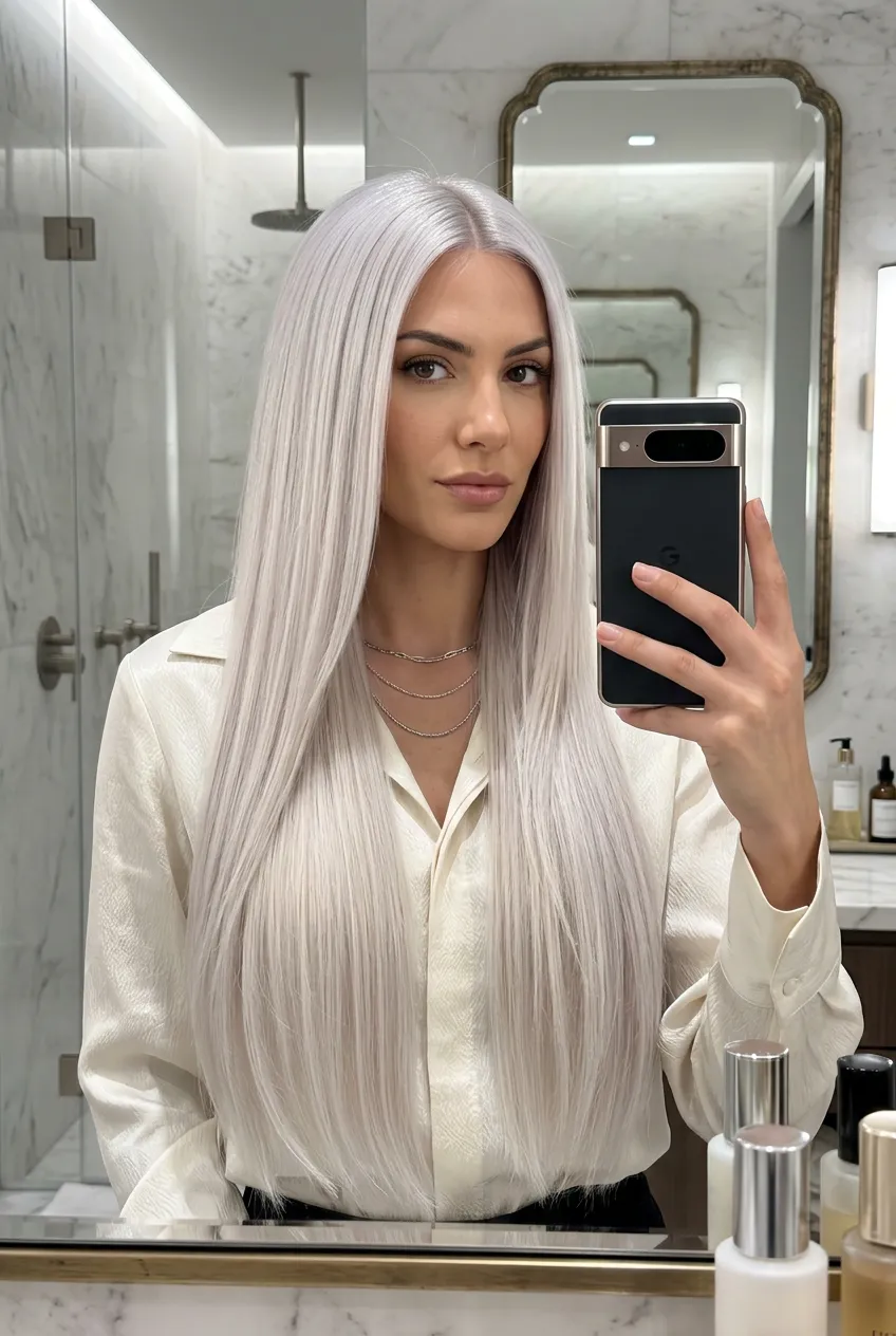 Ultra-long icy platinum straight hair with center part, glossy mirror-like finish, refined beauty portrait, cool-toned luxury Summer 2026 aesthetic