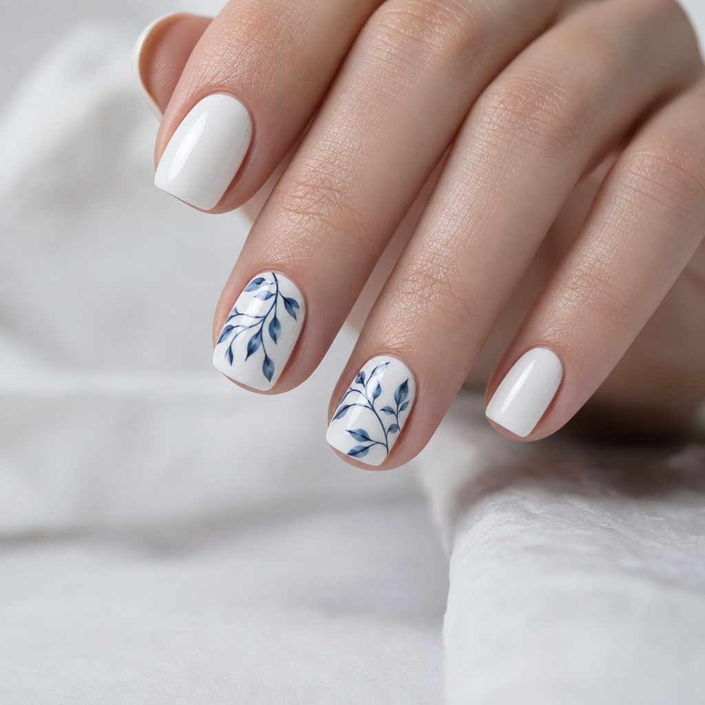 Summer Nails Inspo 2026 White Porcelain Nails With Delicate Blue Vine Art