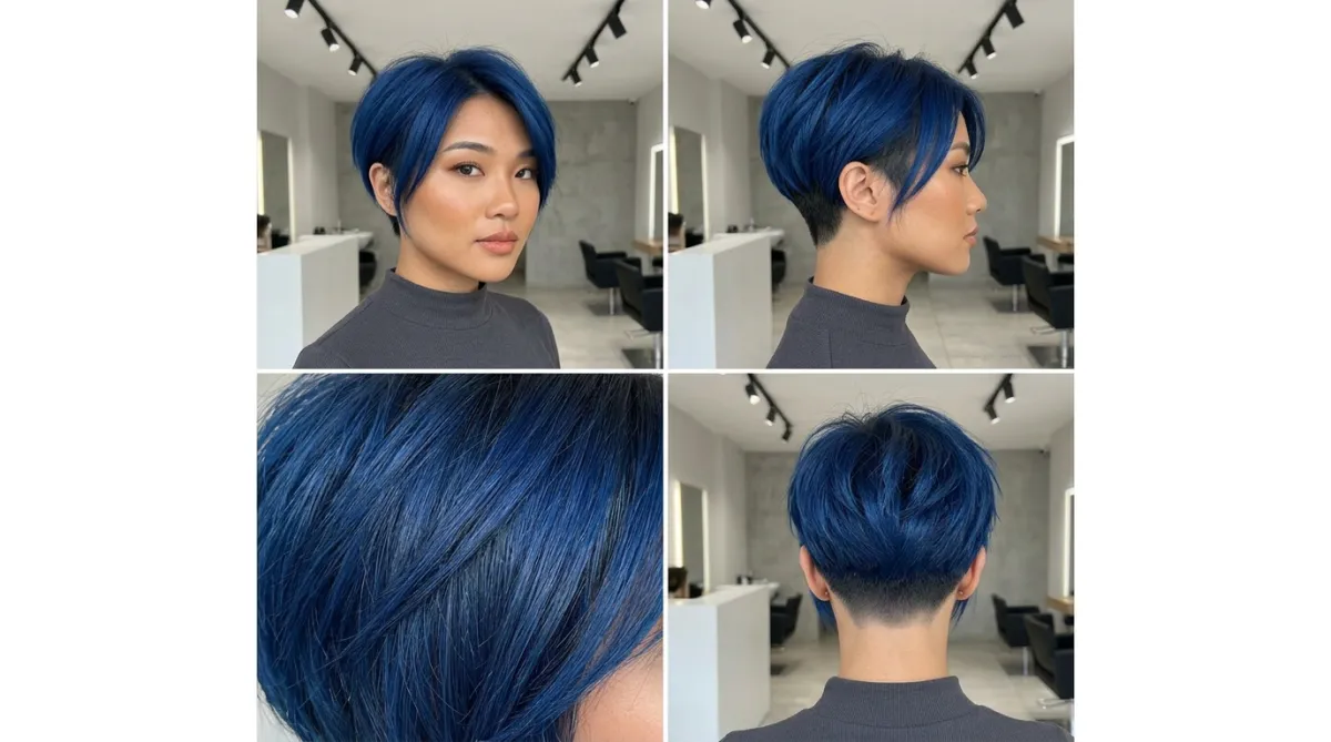cobalt blue undercut pixie collage, vivid blue layers, edgy short haircut, side profile and back detail, summer 2026 salon trend