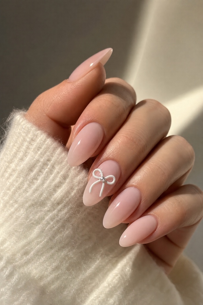 Light Summer Nails 2026 Sheer Nude Nails With Dainty Bow Accent Detail