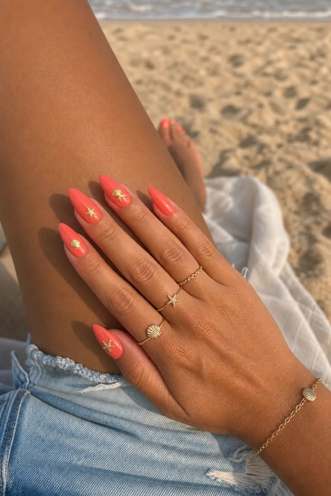Summer June Nails 2026 Coral Beach Nails With Gold Seashell Charms