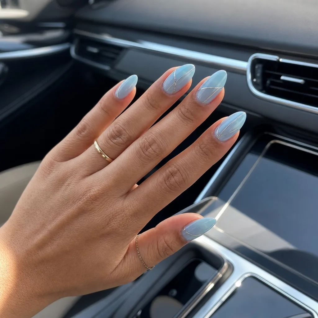 Summer June Nails 2026 Icy Blue Marble Almond Nails With Silver Accents