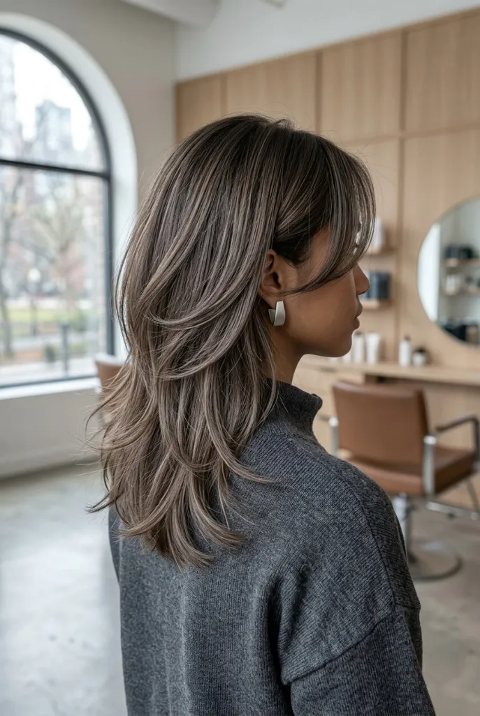 Ash Mushroom Brown Layered Shag with Side-Swept Curtain Layers