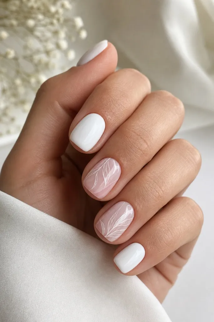 Short Nail Ideas for Summer 2026 White and Botanical Nails With Bridal Garden Elegance