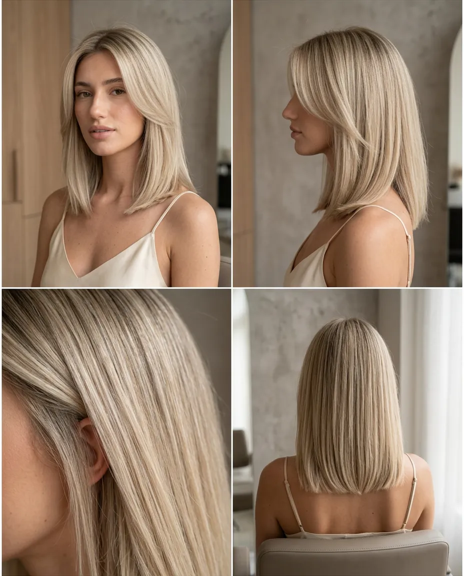 Beige blonde straight lob medium haircut in a salon collage with soft contour layers, smooth polished finish, and bright Summer 2026 blonde dimension