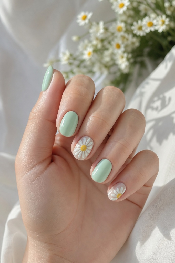 Short Summer Nails 2026 Inspo Sage Green With Daisy Accents for Garden Party Vibes
