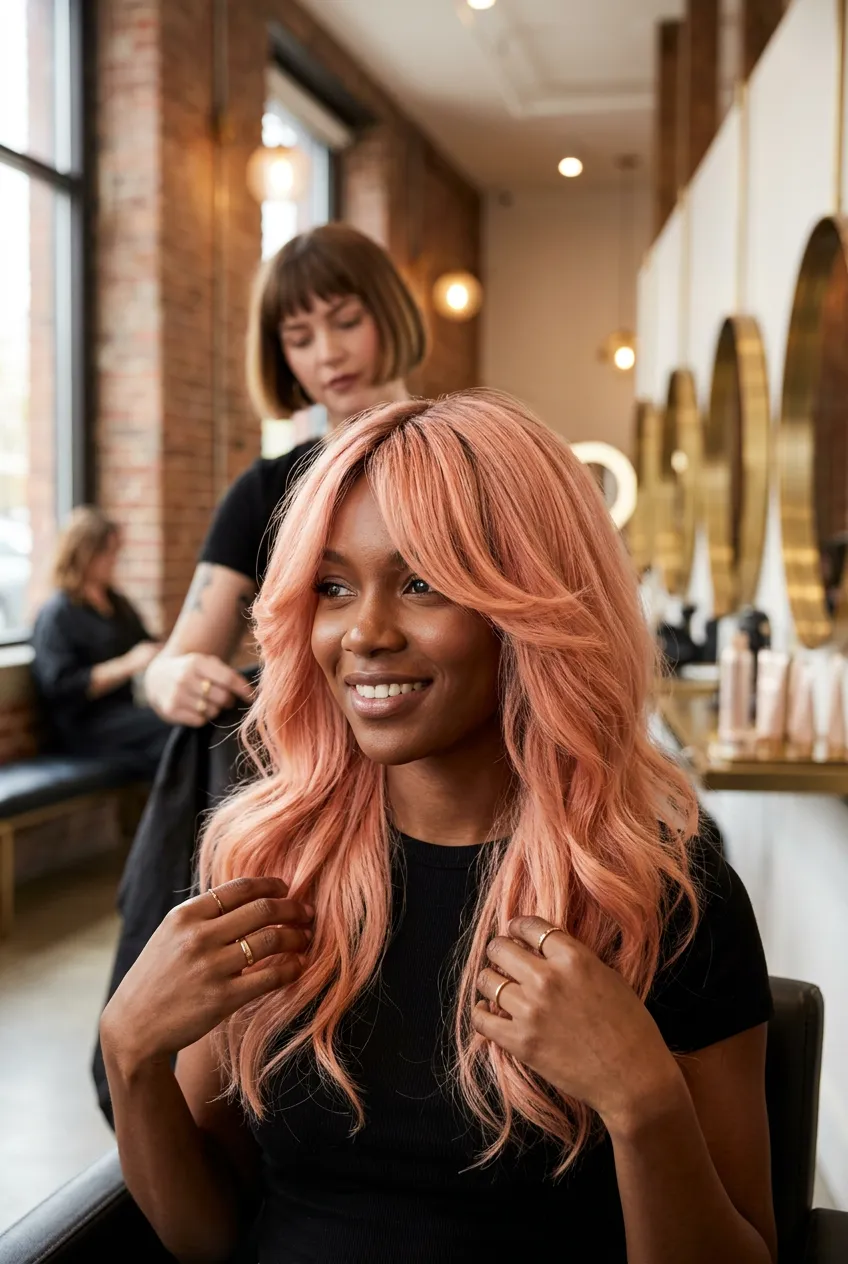 Peach rose long layered shag haircut with face-framing movement, soft salon texture, modern editorial beauty portrait, playful Summer 2026 color mood