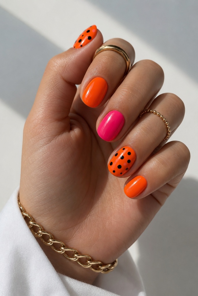 Short Nail Ideas for Summer 2026 Bold Orange and Pink Polka Dot Nails With Pop Art Fun