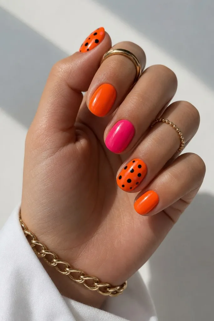 Short Nail Ideas for Summer 2026 Bold Orange and Pink Polka Dot Nails With Pop Art Fun