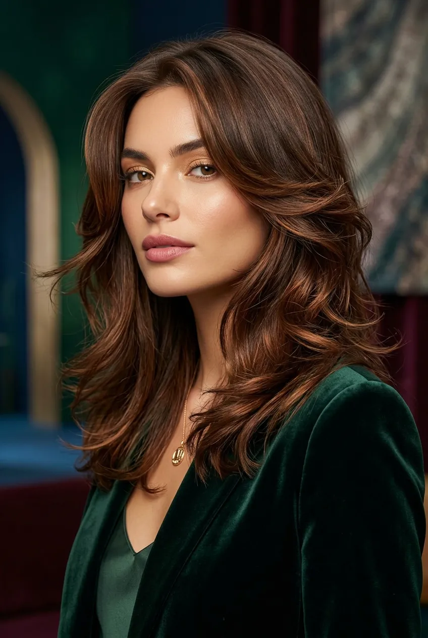 Brunette layered haircut with soft flipped ends, airy face-framing movement, refined studio beauty portrait, polished Summer 2026 hair trend