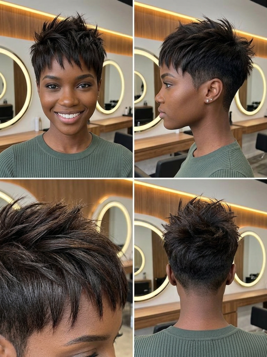 espresso textured pixie collage on deep skin, tapered sides, spiky crown, modern salon crop, summer 2026 short haircut inspiration