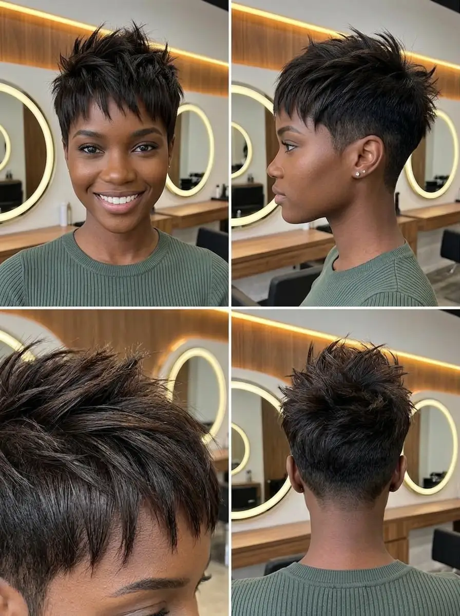 espresso textured pixie collage on deep skin, tapered sides, spiky crown, modern salon crop, summer 2026 short haircut inspiration