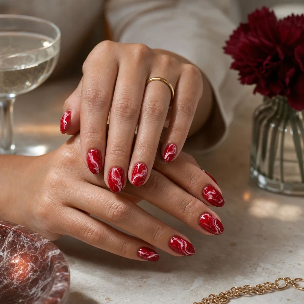 Summer June Nails 2026 Red Marble Art Nails With Rounded Almond Shape