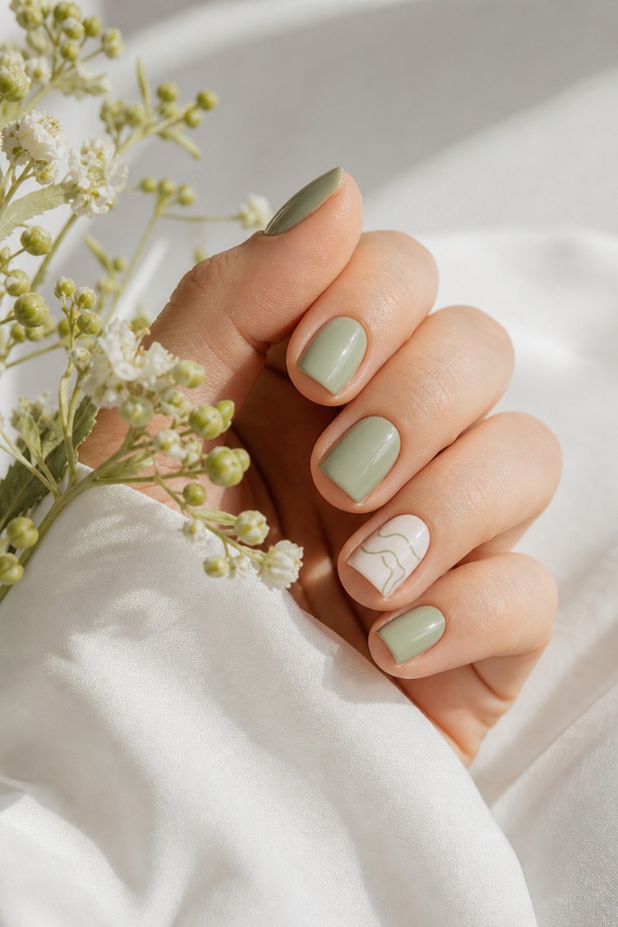 Summer Nails Inspo 2026 Soft Sage Short Nails With Minimalist Line Art for Easy Summer Days
