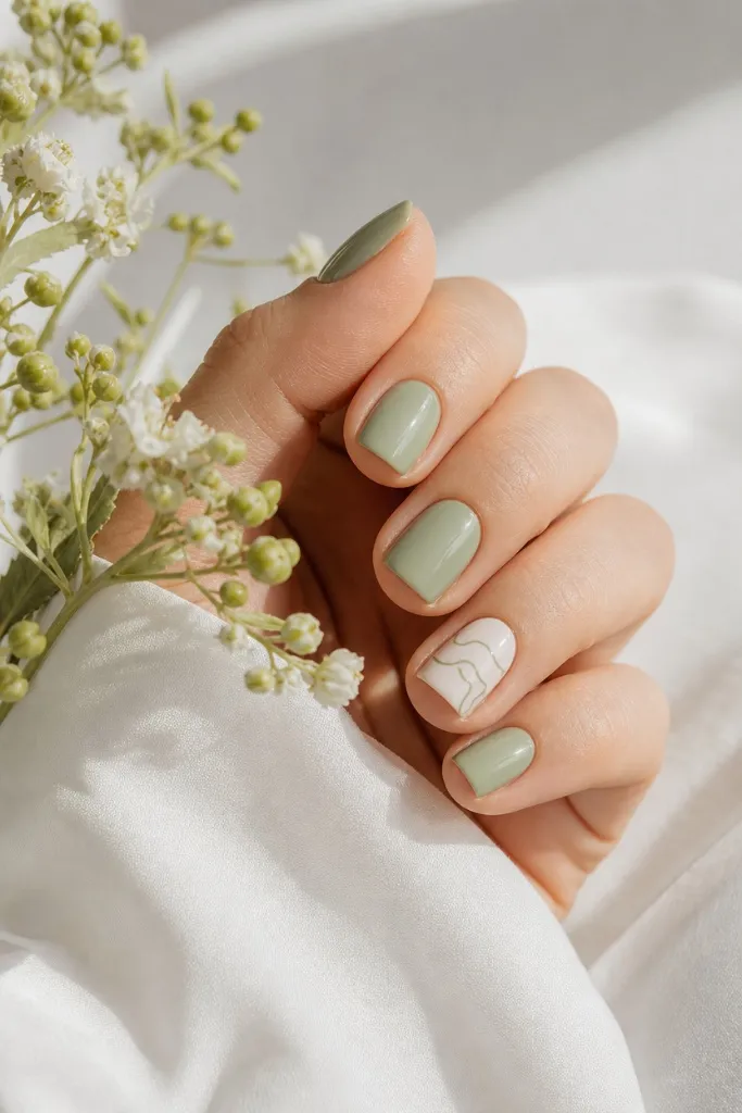 Summer Nails Inspo 2026 Soft Sage Short Nails With Minimalist Line Art for Easy Summer Days