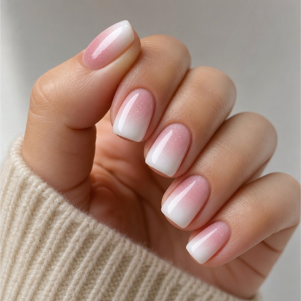 Short Summer Nails 2026 Inspo Pink-to-White Sparkle Ombré for Soft Glam Days