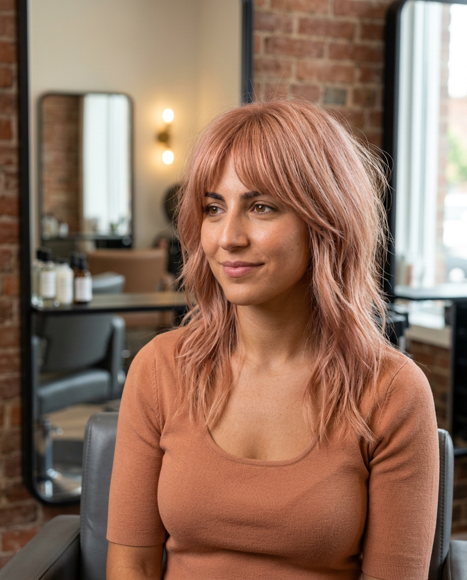 Dusty rose shag medium haircut with airy layers, soft fringe, warm salon interior, and creative Summer 2026 editorial texture