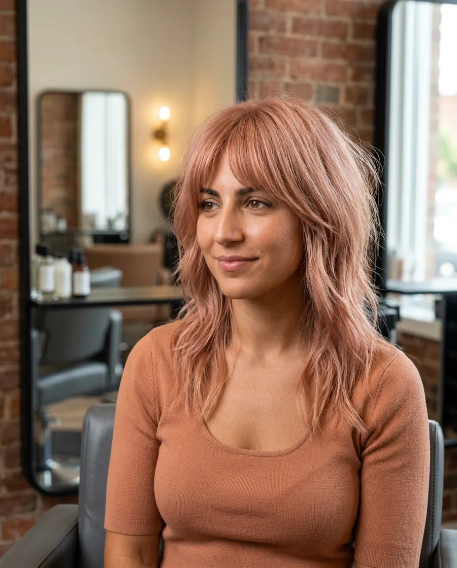 Dusty rose shag medium haircut with airy layers, soft fringe, warm salon interior, and creative Summer 2026 editorial texture
