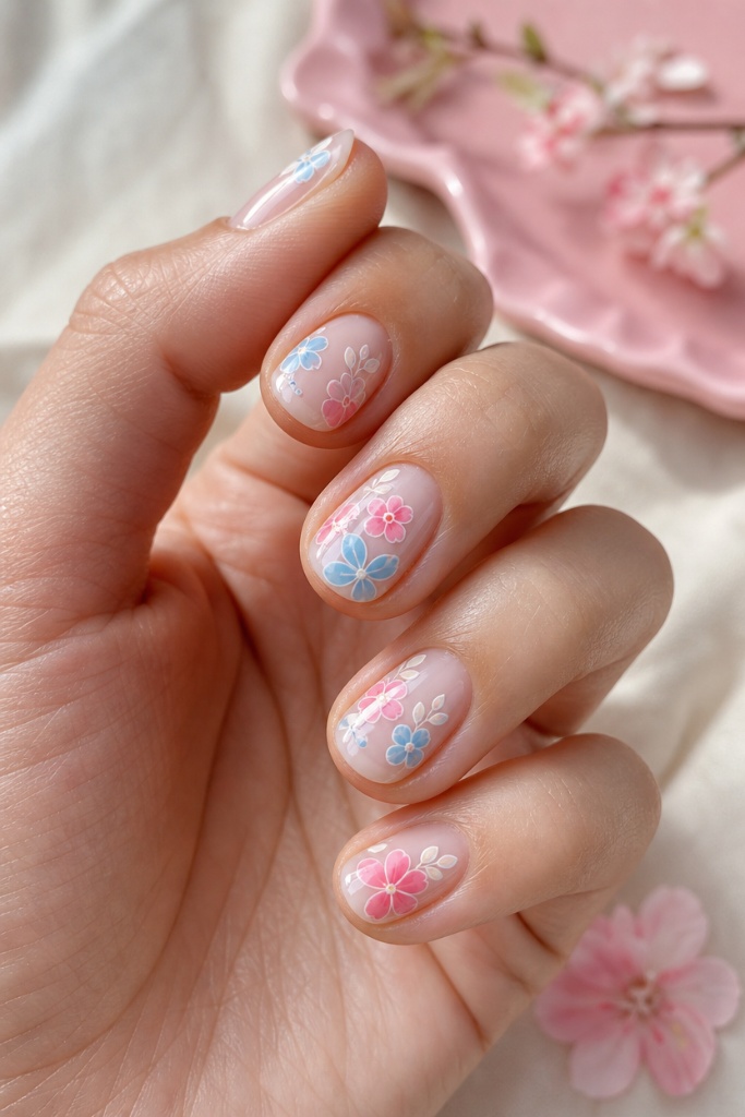 Short Summer Nails 2026 Inspo Cherry Blossom Florals on Sheer Pink for Sweet Spring-Summer Energy