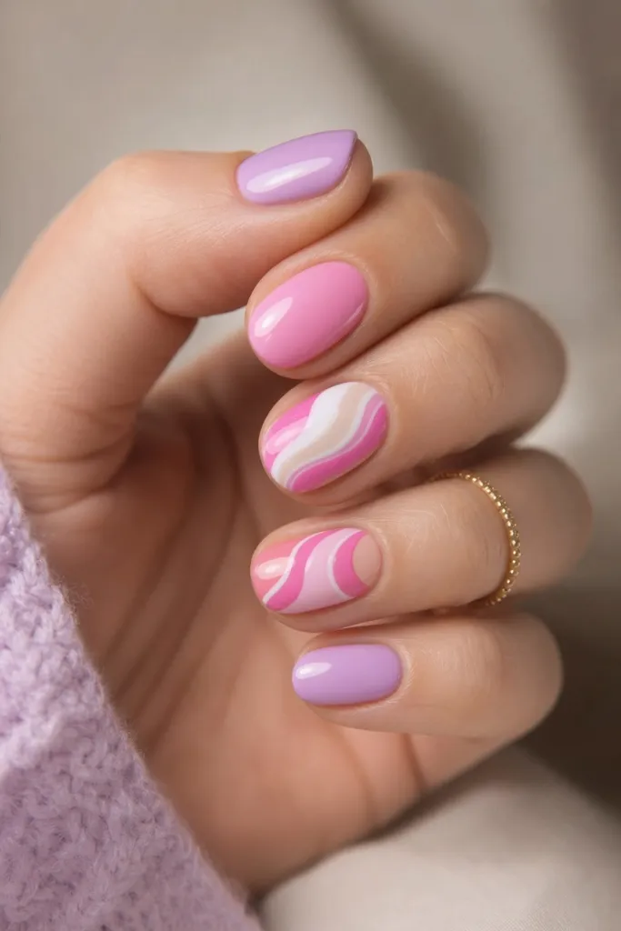 Short Nail Ideas for Summer 2026 Lilac and Pink Swirl Nails With Dreamy Pastel Magic