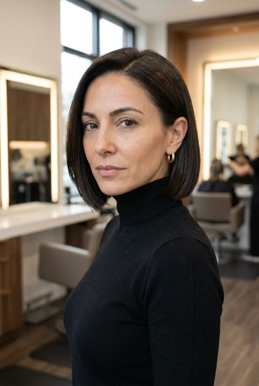 Rich dark brunette power bob with smooth shine, sharp side part, and polished salon portrait mood for a summer 2026 haircut for women over 40