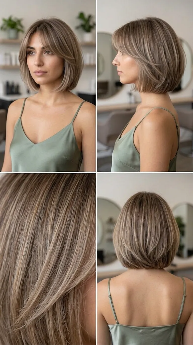 mushroom bronde airy bob collage, soft fringe, blended beige brunette dimension, light movement, summer 2026 short haircut inspiration