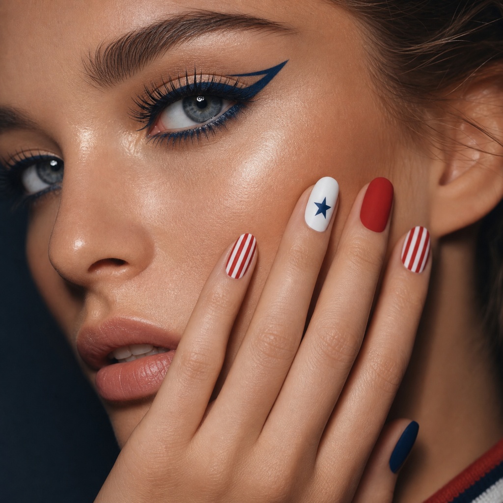 4th of July Nails for 2026 Fashion Editorial Patriotic Nails With Graphic Stripes and Stars