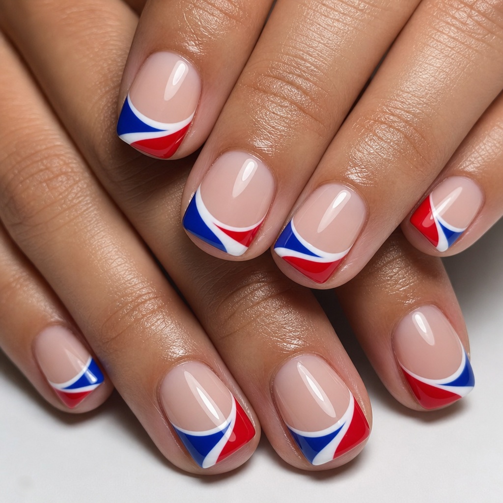 Patriotic Nails for 2026 Curved Tricolor French Tips on Short Square Nails