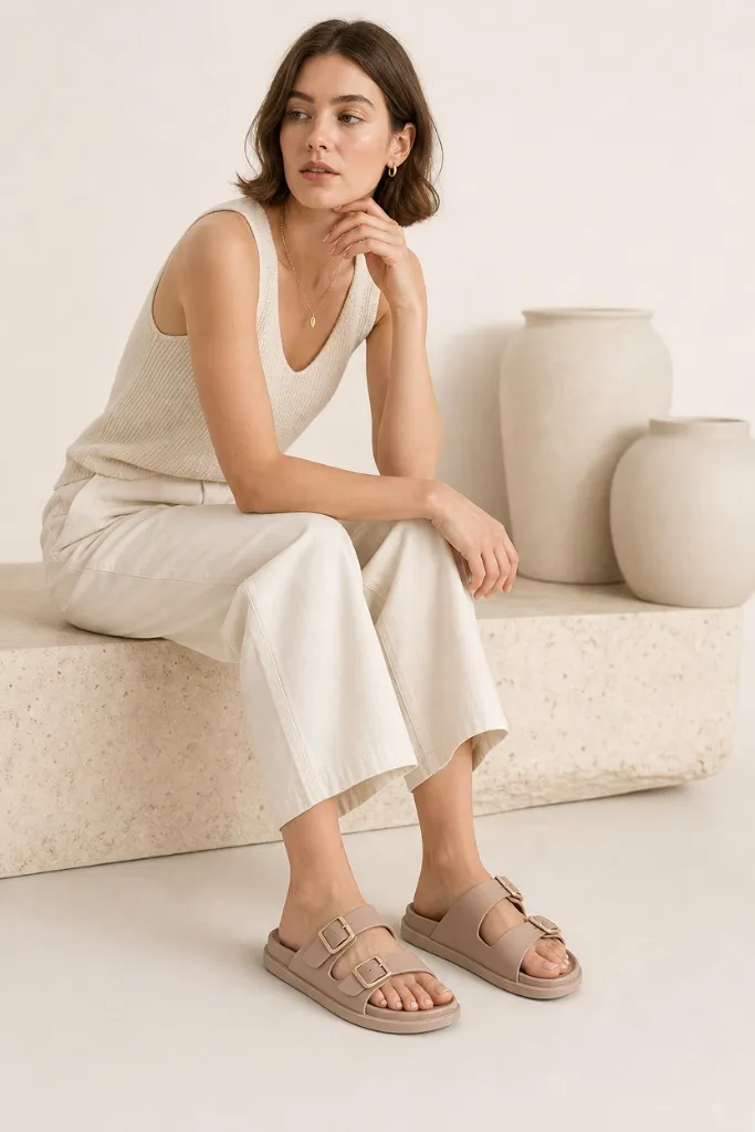 Summer Flip-Flops for Women 2026 Taupe Double-Buckle Comfort Slides With Chunky Sole