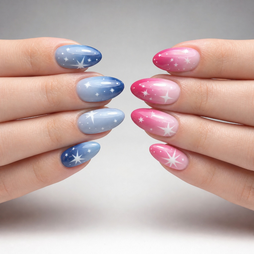 4th of July Nails for 2026 Dreamy Gradient Nails With Sparkle Stars in Blue and Pink