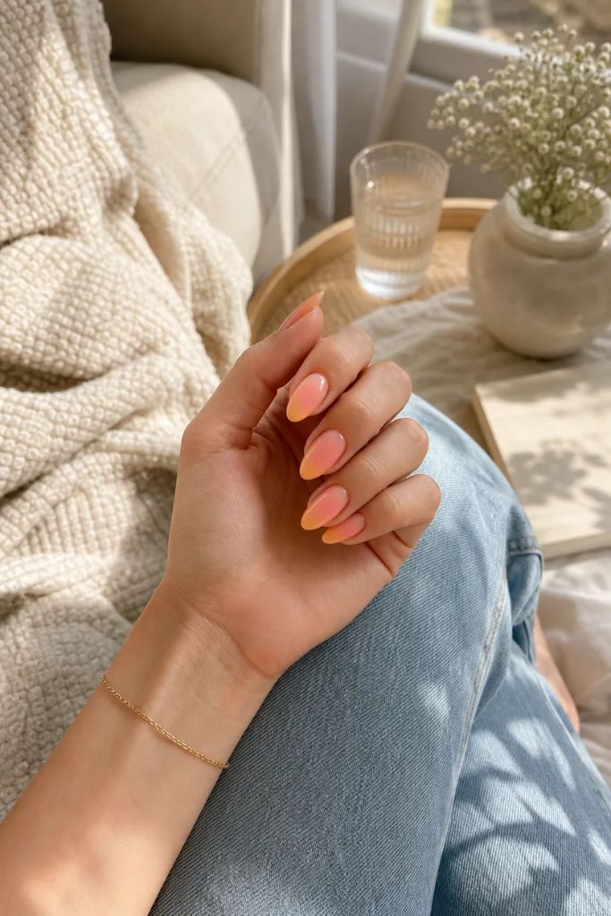Summer June Nails 2026 Peachy Ombré Almond Nails With Sunset Fade