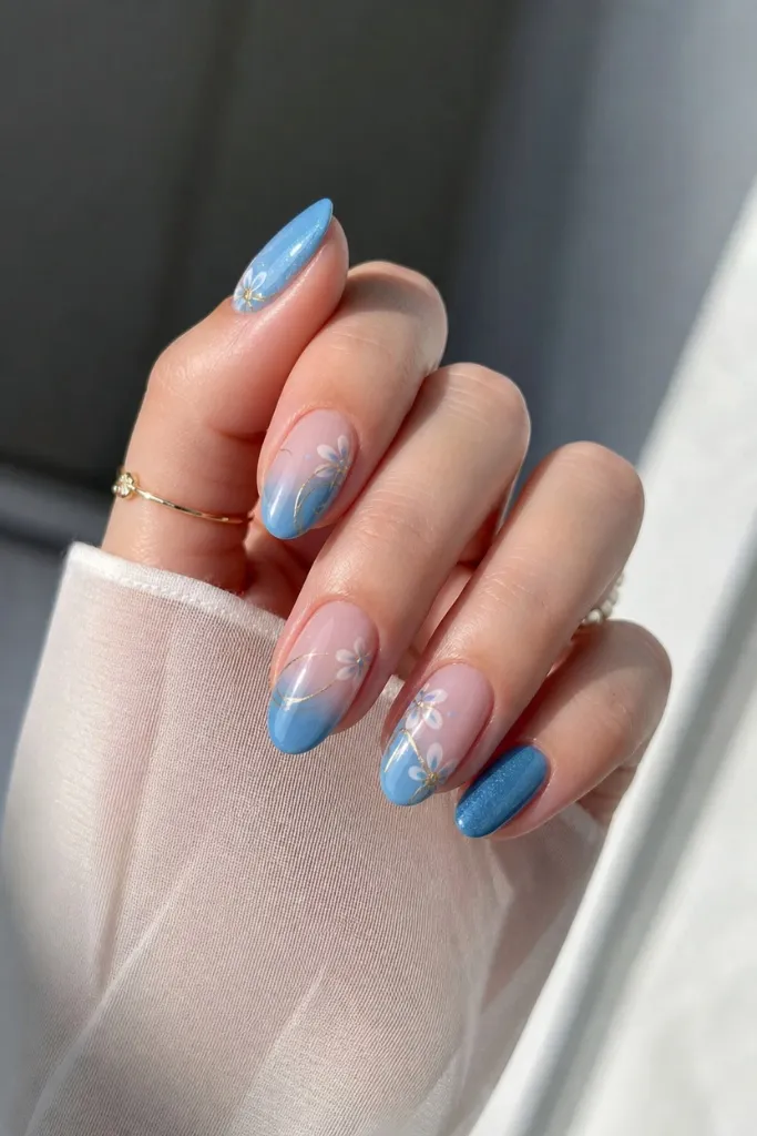 Summer Beach Nails 2026 Blue Floral Ombré Tips With Delicate Daisy Charm