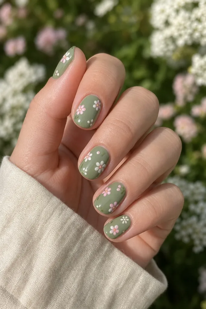 Short Nail Ideas for Summer 2026 Sage Daisy Nails With Cottagecore Summer Charm